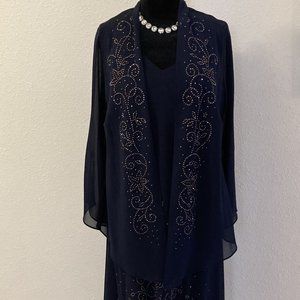 Mother of the Bride  Beaded Ankle Length Navy Dress & Jacket Size 14 Open Jacket